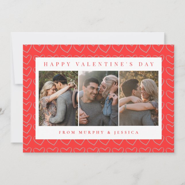 Elegant Red Hearts Happy Valentine's Day 3 Photo Holiday Card (Front)