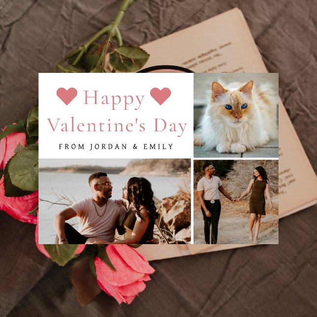 Elegant Red Hearts Happy Valentine's Day 3 Photo Holiday Card (Creator Uploaded)