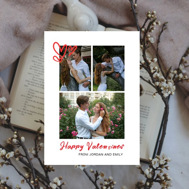 Elegant Red Hearts Happy Valentine's Day 3 Photo Holiday Card (Creator Uploaded)