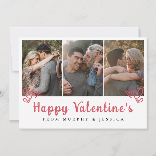 Elegant Red Hearts Happy Valentine's Day 3 Photo Holiday Card (Front)