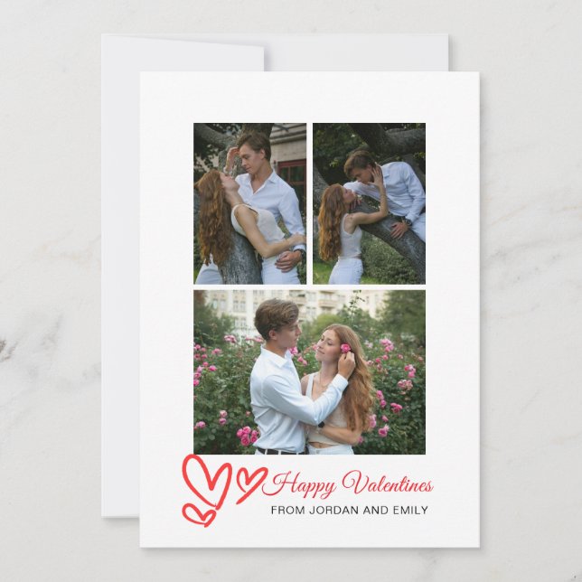 Elegant Red Hearts Happy Valentine's Day 3 Photo Holiday Card (Front)
