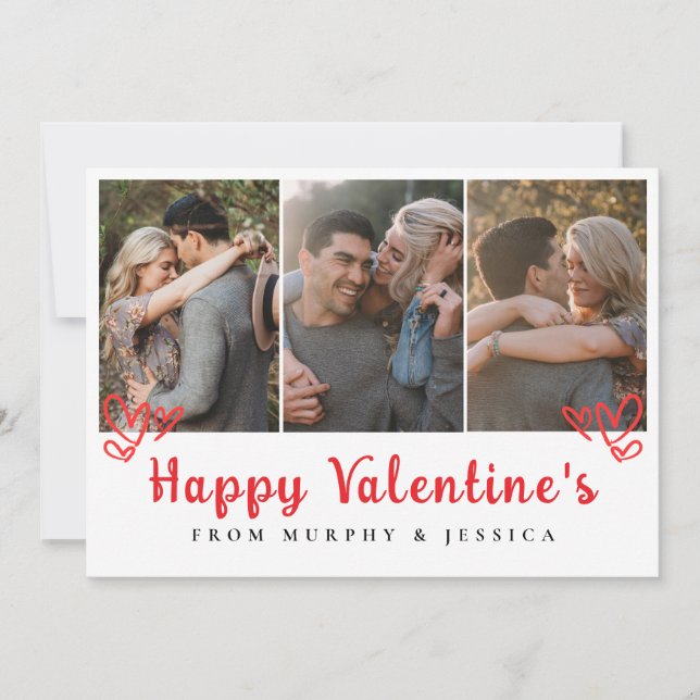 Elegant Red Hearts Happy Valentine's Day 3 Photo Holiday Card (Front)