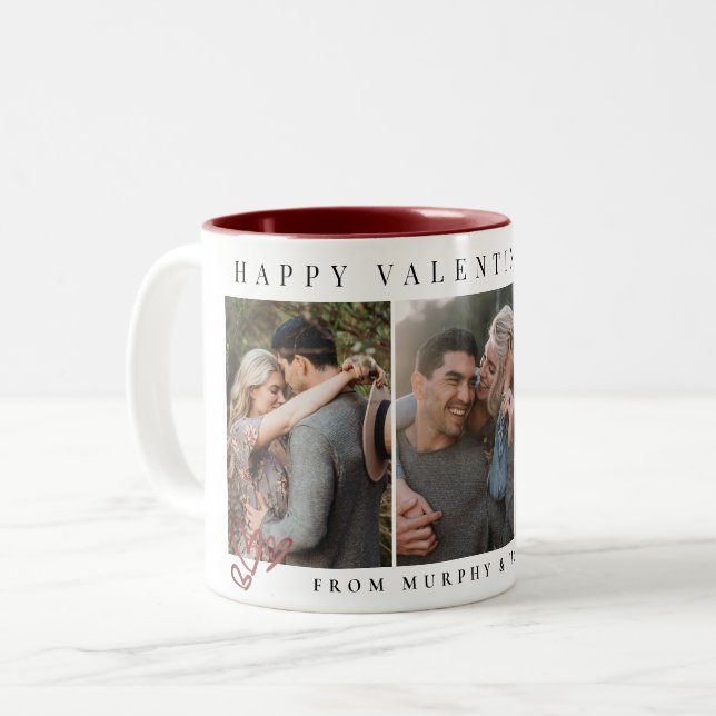 Elegant Red Hearts Happy Valentine's Day 3 Photo Two-Tone Coffee Mug (Front Left)