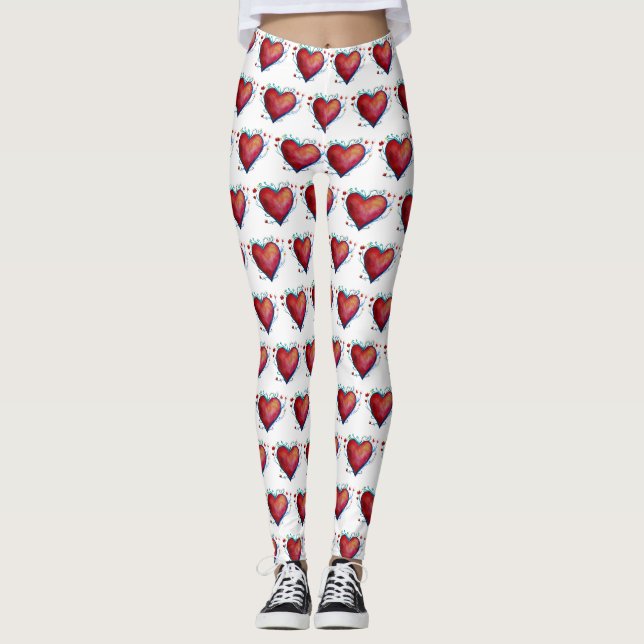 Elegant Red Hearts Watercolor Custom Leggings (Front)