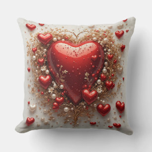 Elegant Red Hearts with Golden Floral Details Cushion