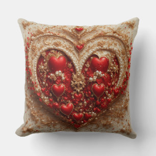 Elegant Red Hearts with Golden Floral Details Cushion