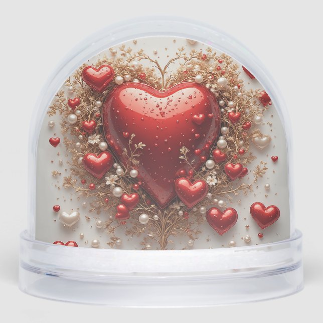 Elegant Red Hearts with Golden Floral Details Snowglobe (Front)