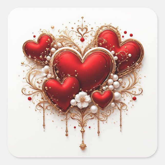 Elegant Red Hearts with Golden Floral Details Square Sticker (Front)