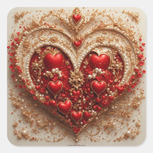 Elegant Red Hearts with Golden Floral Details Square Sticker (Front)