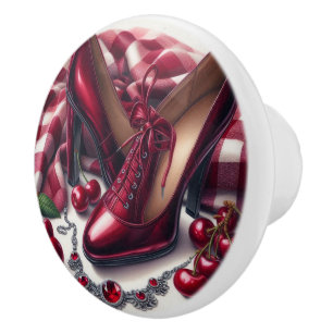 Elegant Red High Heels with Cherry Ceramic Knob