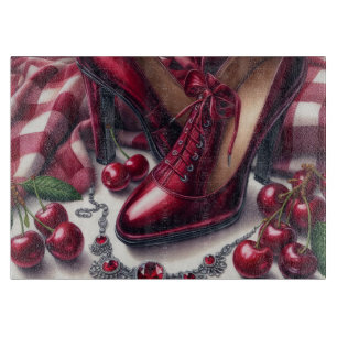 Elegant Red High Heels with Cherry  Cutting Board