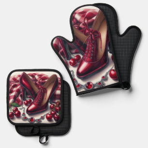 Elegant Red High Heels with Cherry Oven Mitt & Pot Holder Set