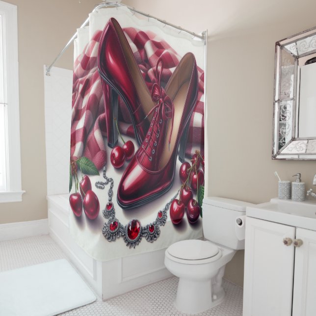Elegant Red High Heels with Cherry  Shower Curtain (In Situ)