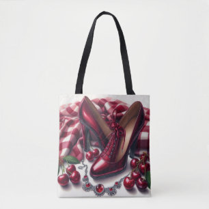 Elegant Red High Heels with Cherry Tote Bag