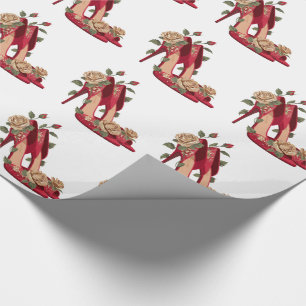 Elegant Red High Heels with Golden Roses           Wrapping Paper