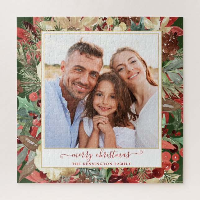 Elegant Red Holiday Floral Christmas Photo Jigsaw Puzzle (Vertical)
