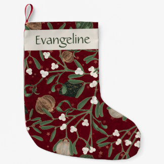 Elegant Red Holiday Mistletoe Winter Berries Name Small Christmas Stocking