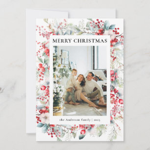 Elegant Red Holly Berries Christmas Family Photo Holiday Card