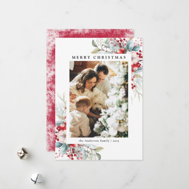 Elegant Red Holly Berries Merry Christmas Photo Holiday Card (Front/Back In Situ)
