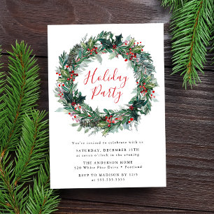 Elegant Red Holly Berries Wreath Holiday Party Invitation