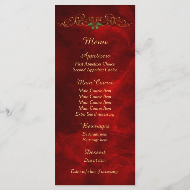Elegant Red Holly Christmas Wedding Menu (Front)