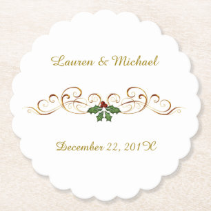 Elegant Red Holly Christmas Wedding Paper Coaster