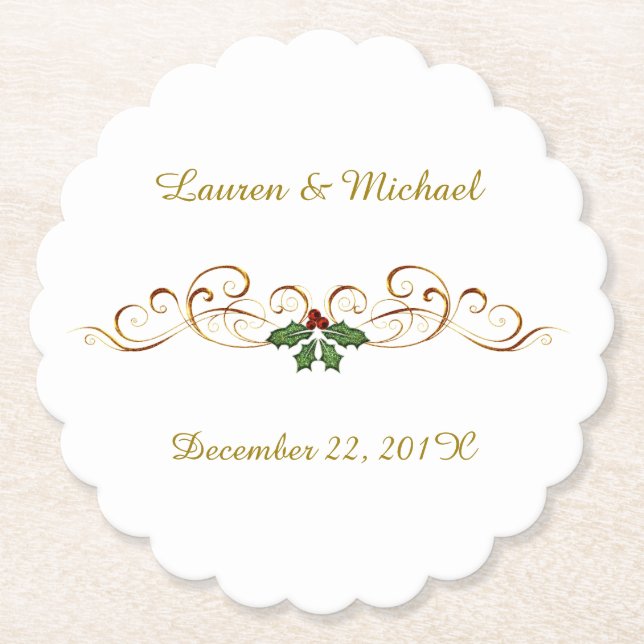 Elegant Red Holly Christmas Wedding Paper Coaster (Front)