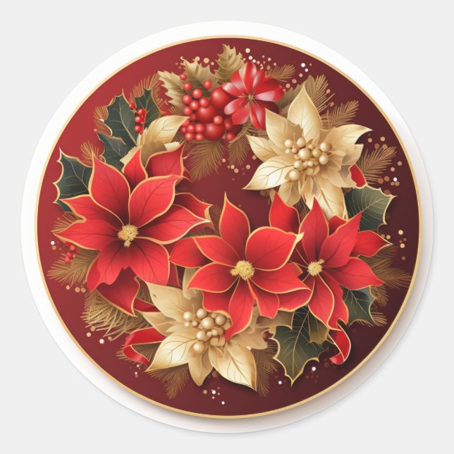 Elegant Red Holly Festive Foliage Classic Round Sticker (Front)