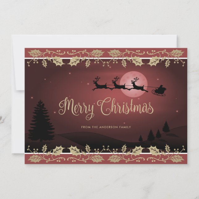 Elegant Red Holly Reindeer Santa Claus Christmas Holiday Card (Front)