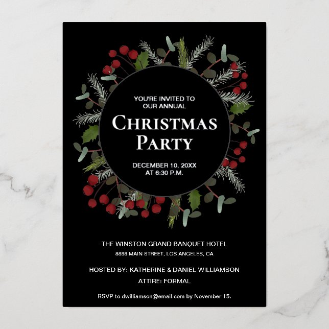 Elegant Red Holly Wreath Corporate Christmas party Foil Holiday Card (Front)