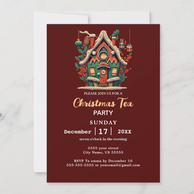 Elegant Red House Christmas Tea Party Invitation (Front)