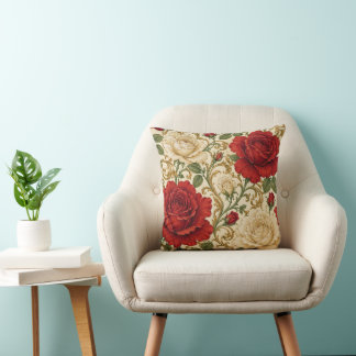 Elegant Red Ivory Rose Victorian Decorative Cushion