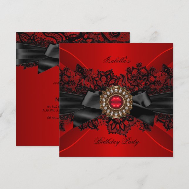 Elegant Red Jewel Black Lace Bow Birthday Party Invitation (Front/Back)