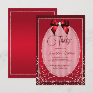 Elegant Red Jewel Bow & Confetti Birthday Invitation