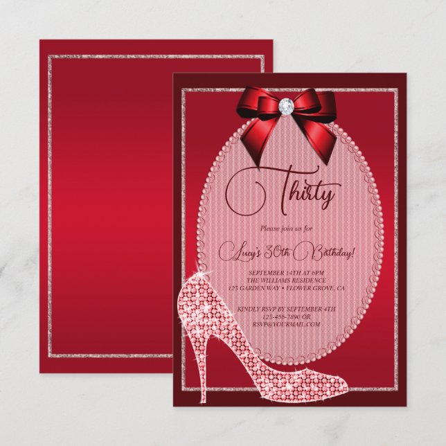 Elegant Red Jewel Bow & Stiletto Birthday Invitation (Front/Back)