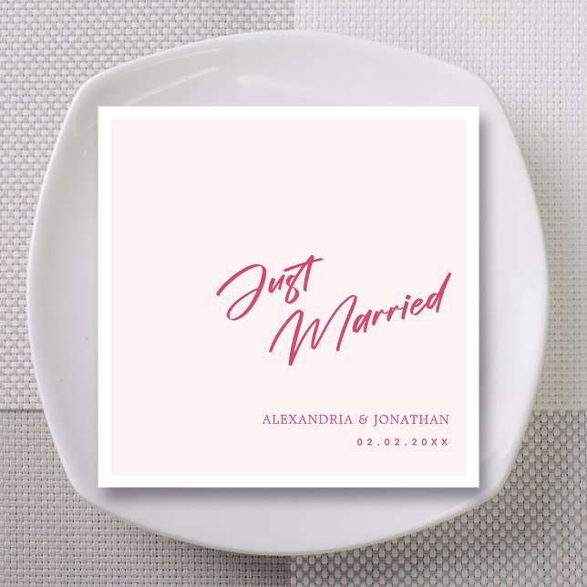 Elegant Red Just Married Custom Wedding Napkins (Personalized 'Just Married' Pink Script Wedding Napkins)