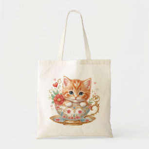 Elegant Red Kitten in Teacup -  Floral Design - Tote Bag