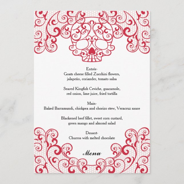 Elegant Red Lace Skull Calavera Wedding Menu Card (Front)