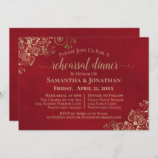 Elegant Red & Lacy Gold Wedding Rehearsal & Dinner Invitation (Front/Back)