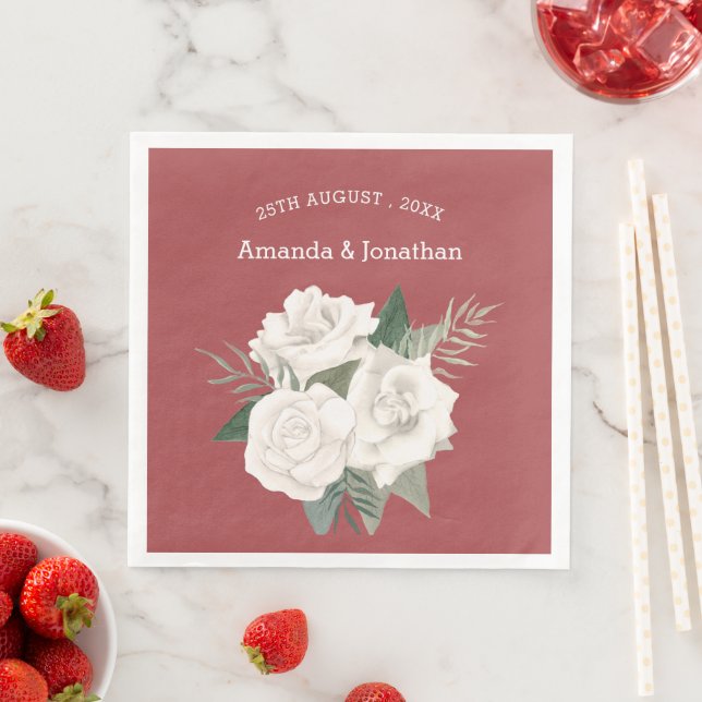 Elegant Red Leather and White Roses Wedding Napkin (Insitu)