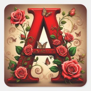 Elegant Red Letter A by Roses and Butterfly Square Sticker