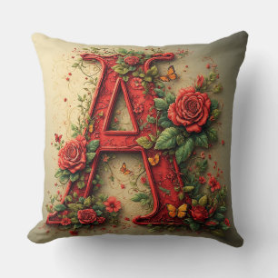 Elegant Red Letter A Surrounded by Roses Cushion