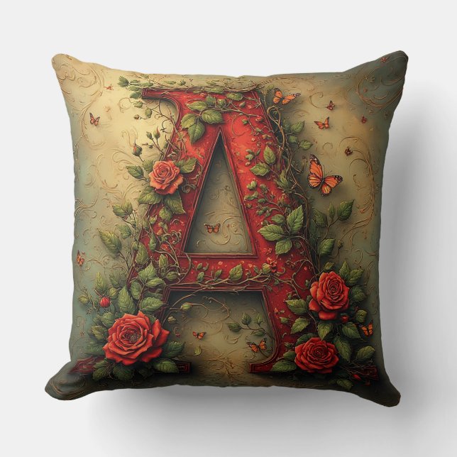 Elegant Red Letter A Surrounded by Roses Cushion (Front)