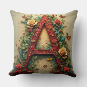 Elegant Red Letter A Surrounded by Roses Cushion
