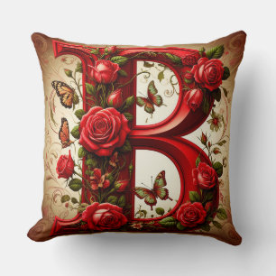 Elegant Red Letter B by Roses and Butterfly Cushion