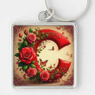 Elegant Red Letter C by Roses and Butterfly Key Ring