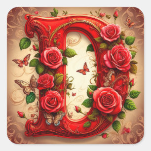 Elegant Red Letter D by Roses and Butterfly Square Sticker