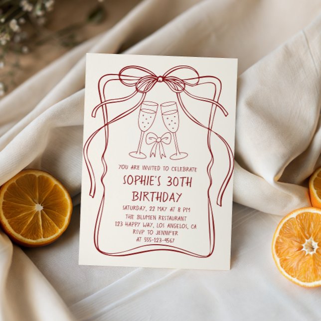 Elegant Red Line Art Bow & Champagne 30th Birthday Invitation (Creator Uploaded)