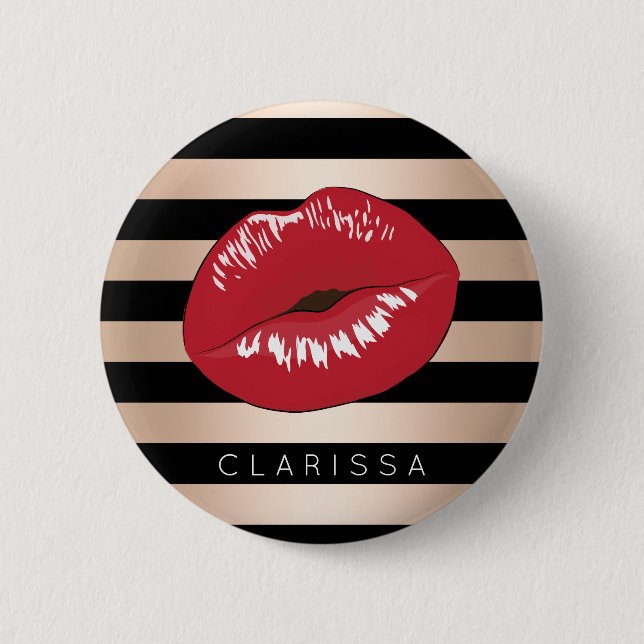 elegant red lips rose gold black stripes pattern 6 cm round badge (Front)