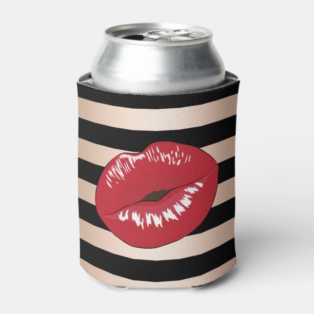 elegant red lips rose gold black stripes pattern can cooler (Can Front)